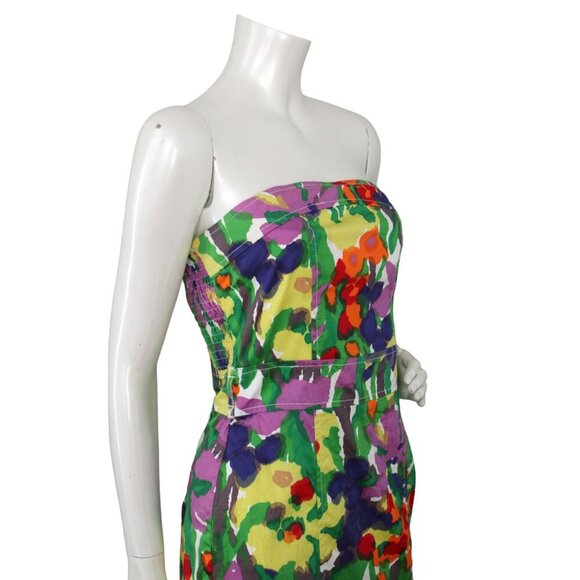 DEPT Strapless Floral Sheath Dress Abstract Bright Print Stretch Smocked Party - Picture 5 of 13